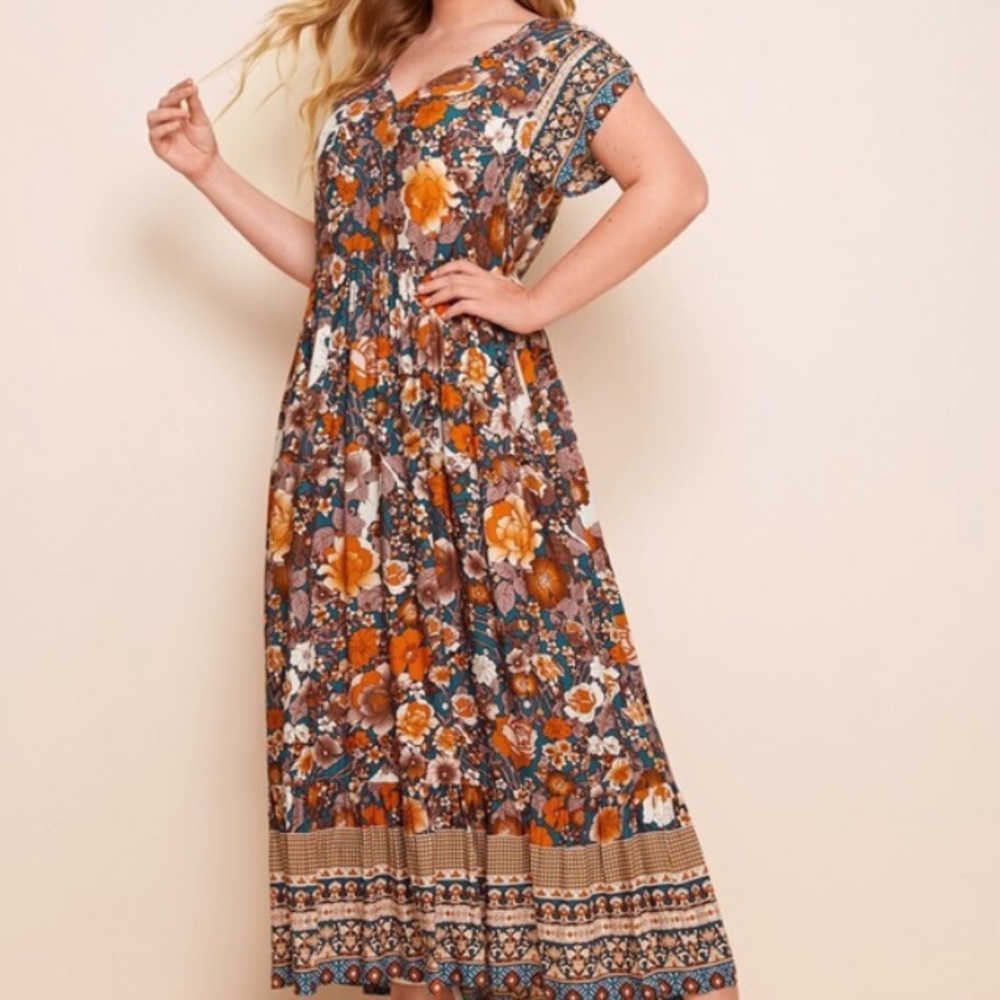 Boho plus size V neck Floral Orange Maxi Dress - Picture 3 of 5